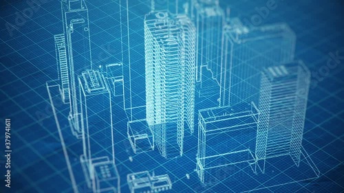 Abstract background with animation of blueprint drawing building and house. Animation of seamless loop.