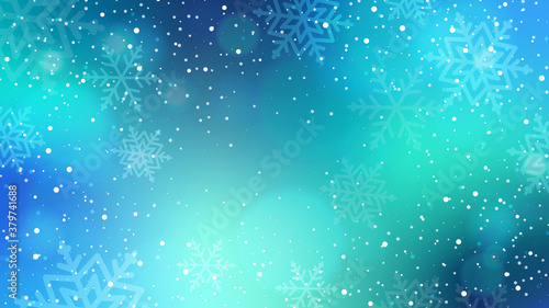 Abstract winter background with falling snow. Holiday christmas backdrop with different types of snow and bokeh. Template for decoration cards for Merry Christmas and Happy New Year greetings