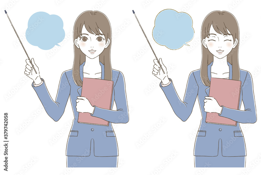 custom made wallpaper toronto digital手描き風　指示棒を持って教えているビジネスウーマンのイラスト表情セット