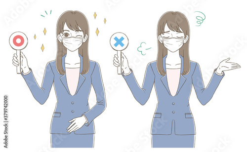 Wallpaper Mural 手描き風　マスクをつけて正解・不正解の回答をするビジネスウーマンのイラスト表情セット Torontodigital.ca