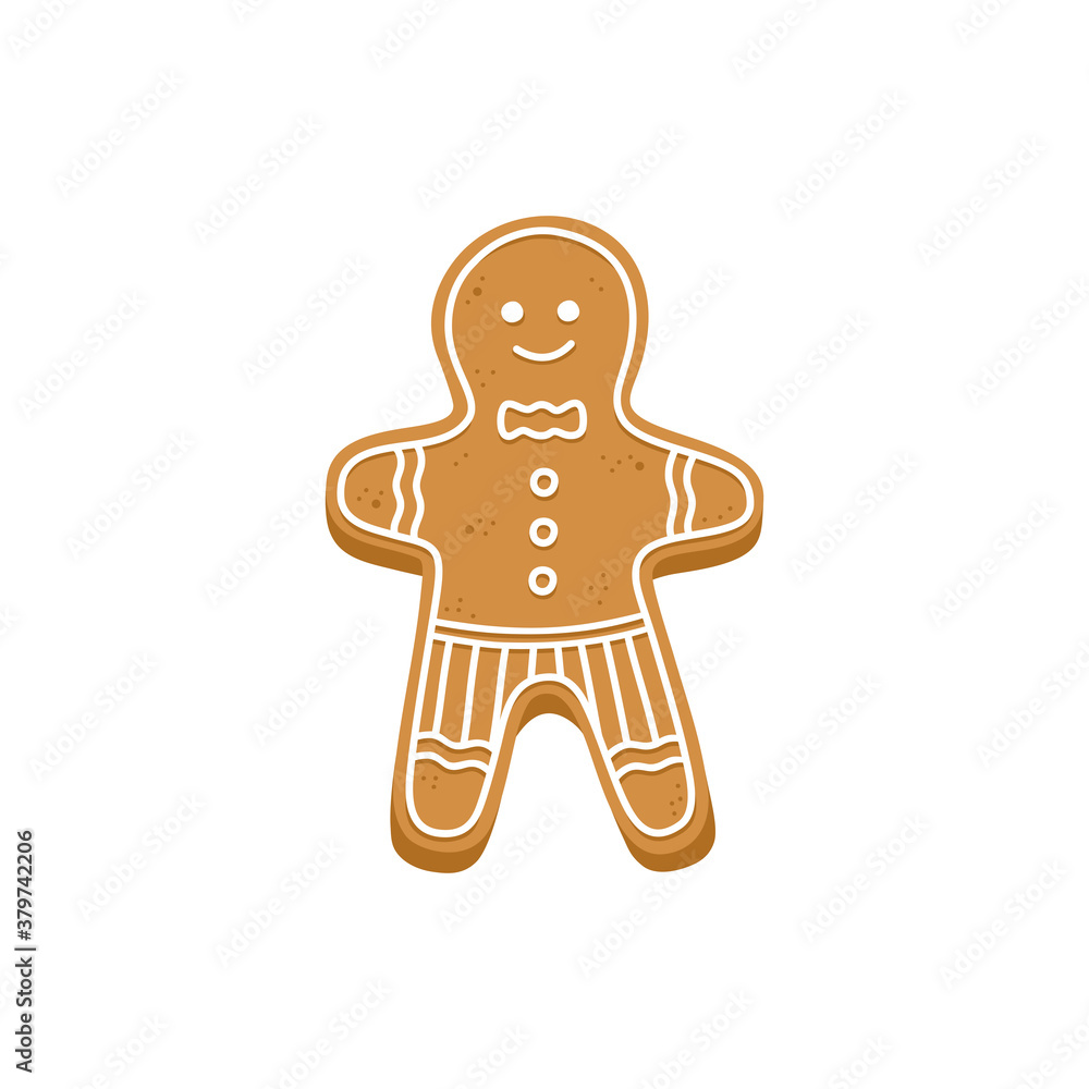 Christmas gingerbread man cookie character, with white icing for decoration, symbol of winter holiday. Homemade biscuit for Xmas and New Year party. Vector illustration, isolated on background. Christmas gingerbread man cookie character, with white icing for decoration, symbol of winter holiday. Homemade biscuit for Xmas and New Year party. Vector illustration, isolated on background.