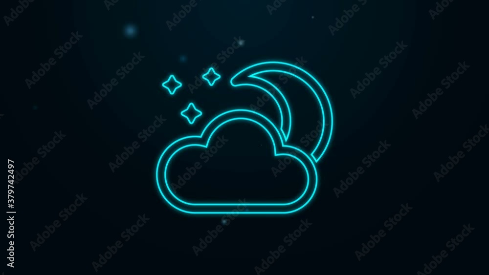 Glowing neon line Cloud with moon and stars icon isolated on black background. Cloudy night sign. Sleep dreams symbol. Night or bed time sign. 4K Video motion graphic animation Glowing neon line Cloud with moon and stars icon isolated on black background. Cloudy night sign. Sleep dreams symbol. Night or bed time sign. 4K Video motion graphic animation