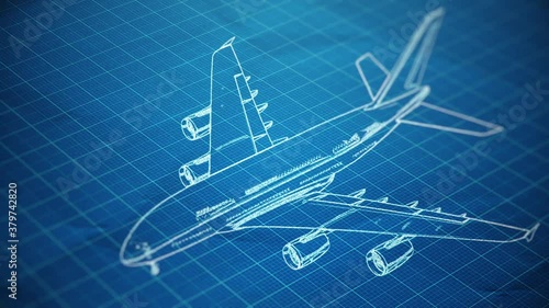 Abstract background with animation of blueprint drawing airplane. Animation of seamless loop.