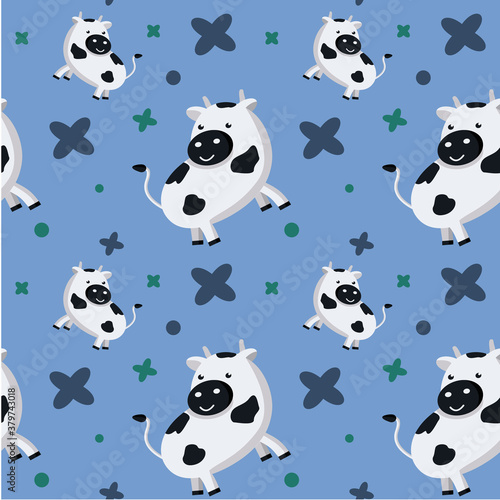 Vector seamless pattern with cows and flowers
