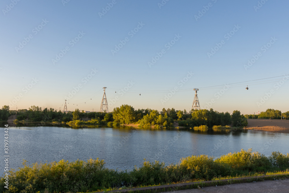 View of the cable car over the Volga river in Nizhny Novgorod
