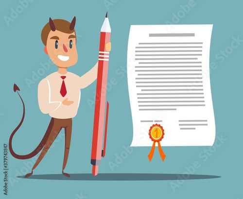 Evil businessman offering contract. Devil's contract. Vector illustration