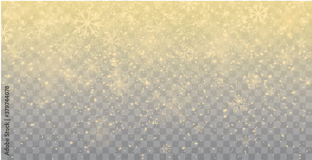 Seamless realistic falling gold snow or snowflakes. Isolated on transparent background - stock vector. - obrazy, fototapety, plakaty 
