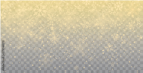 Seamless realistic falling gold snow or snowflakes. Isolated on transparent background - stock vector.