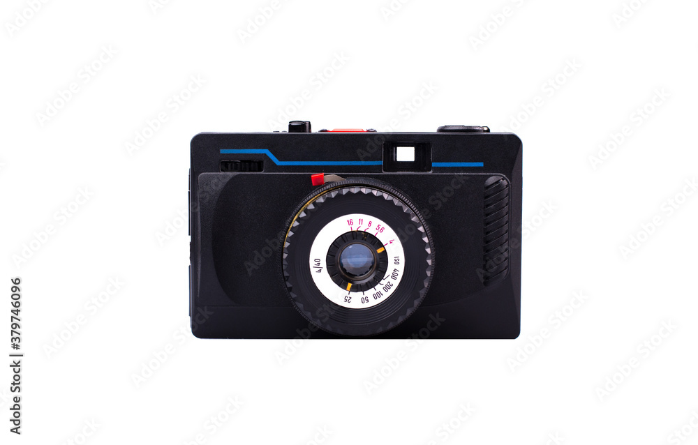 Front view of old stylish camera. Vintage 35mm film camera isolated on white background