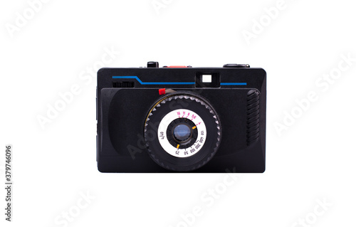 Front view of old stylish camera. Vintage 35mm film camera isolated on white background