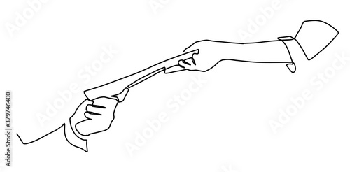 Continuous line drawing of businessman handing document to manager. Business worker passing a pile of documents to his colleague. Business woman hands the document to the manager