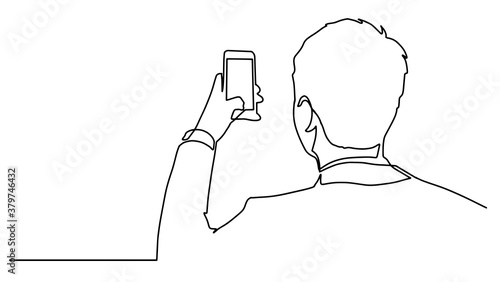 Man taking photo with smartphone one line drawing. Side view.Man standing with smartphone continuous line drawing. vector illustration. Person selfie one line drawing. Man taking a picture