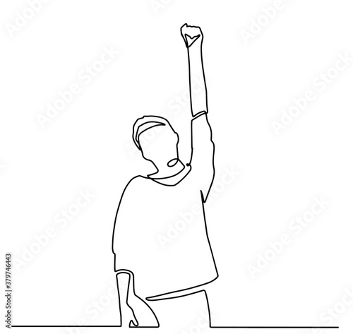 Man raises his hand fist up. Businessman in a victory gesture - fist lifted up above the head. One continuous line drawing, can be used for animation. Line drawing of cheering man holding fists.