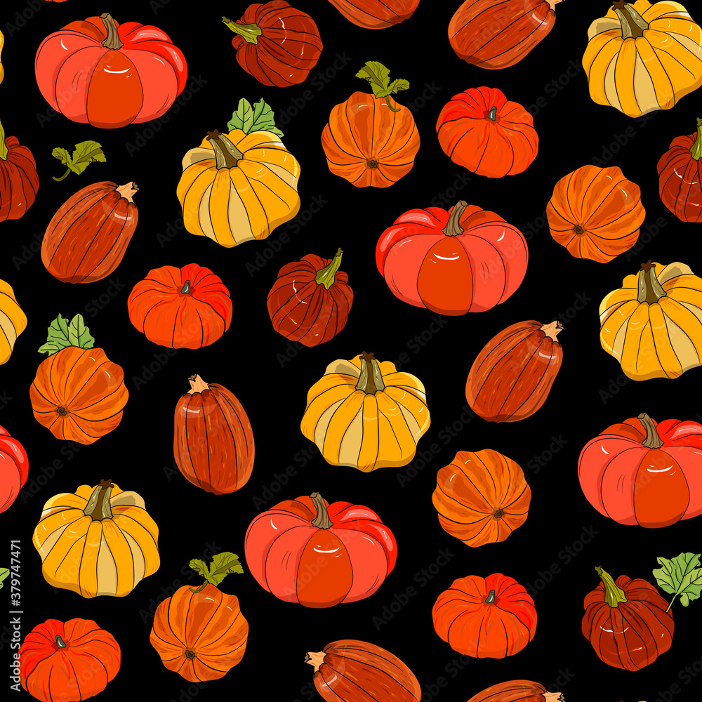 Obraz premium bright pumpkins seamless pattern. Background for Halloween, Thanksgiving, market, menu, fabric.