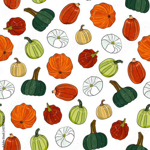 bright pumpkins seamless pattern. Background for Halloween, Thanksgiving, market, menu, fabric.