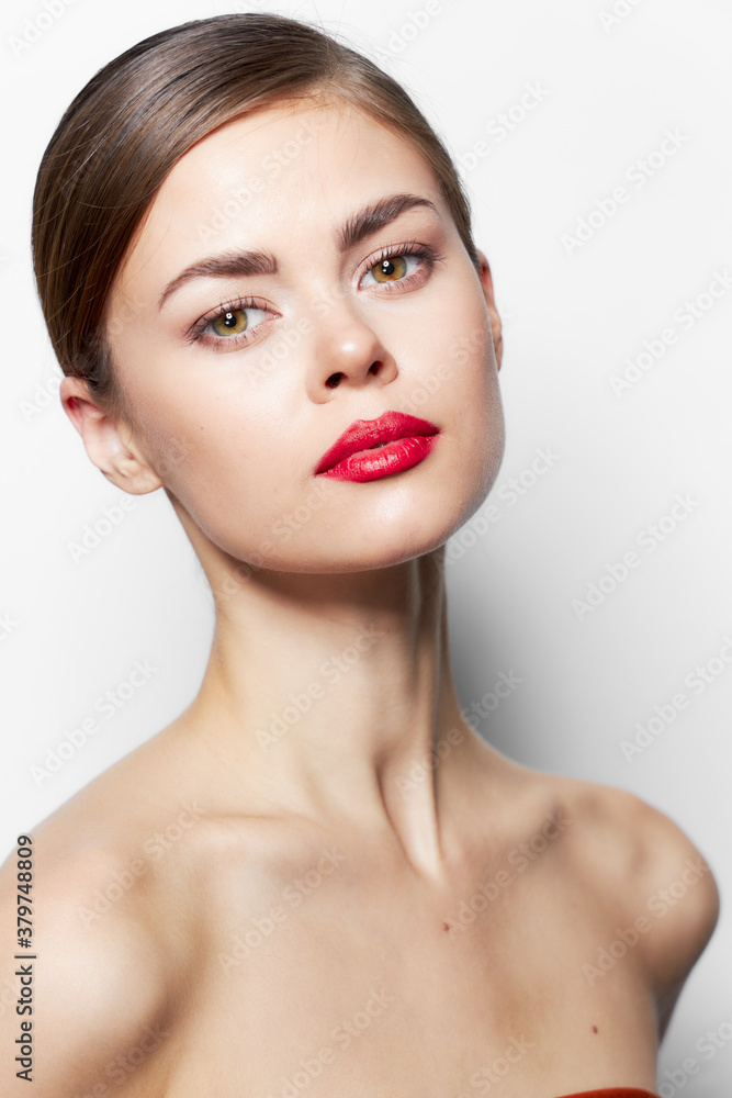 Attractive woman red lips bared shoulders Attractive woman red lips bared shoulders