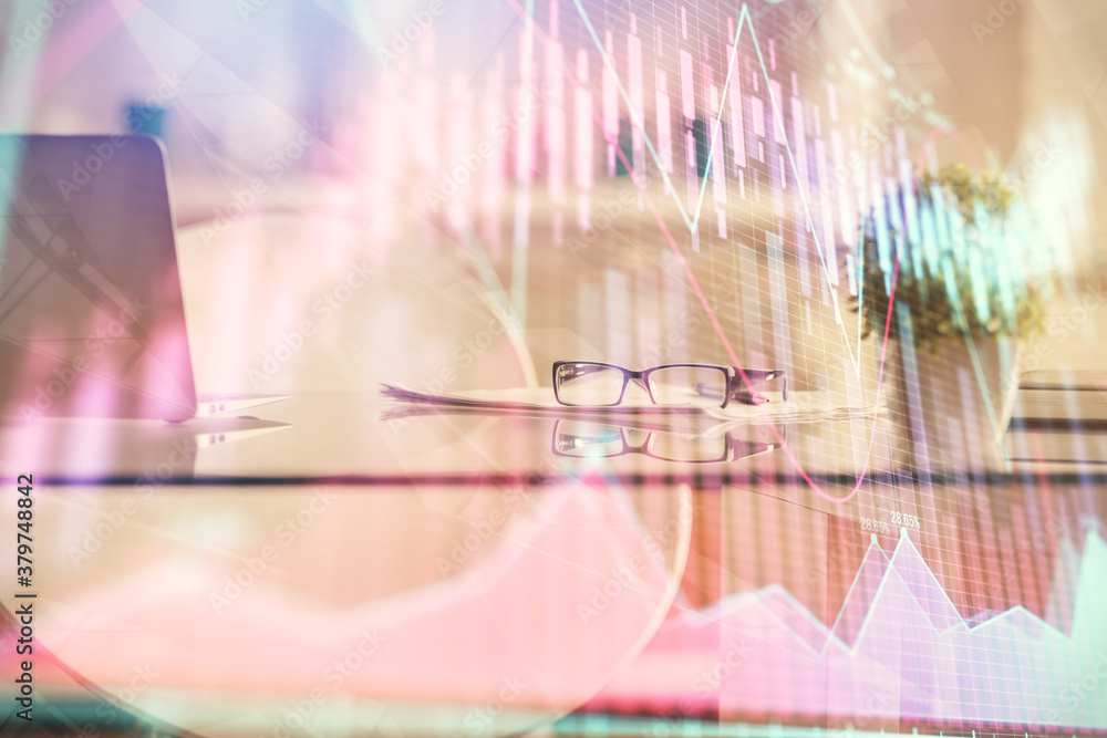 Double exposure of financial graph drawing and office interior background. Concept of stock market. Double exposure of financial graph drawing and office interior background. Concept of stock market.