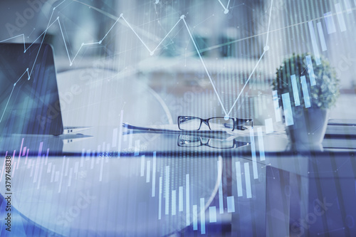 Wallpaper Mural Double exposure of financial graph drawing and office interior background. Concept of stock market. Torontodigital.ca
