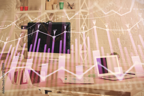 Double exposure of financial graph drawing and office interior background. Concept of stock market. © peshkova
