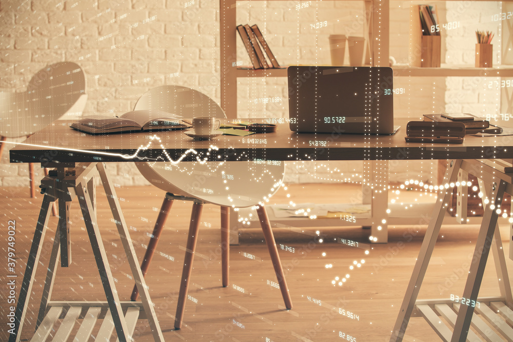 Multi exposure of stock market chart drawing and office interior background. Concept of financial analysis. Multi exposure of stock market chart drawing and office interior background. Concept of financial analysis.