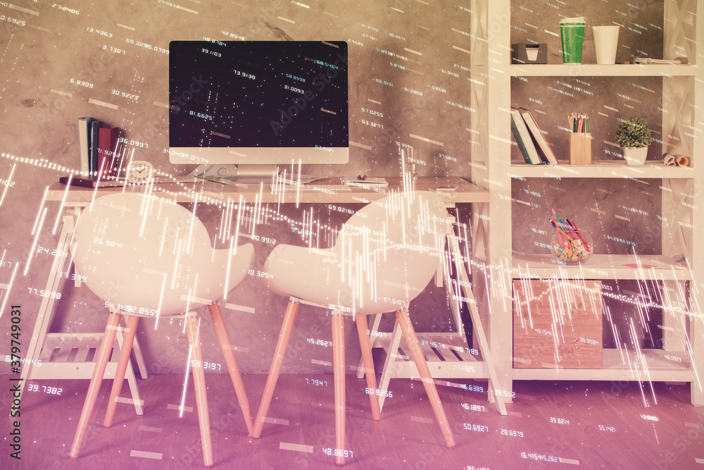 Multi exposure of stock market chart drawing and office interior background. Concept of financial analysis. Multi exposure of stock market chart drawing and office interior background. Concept of financial analysis.