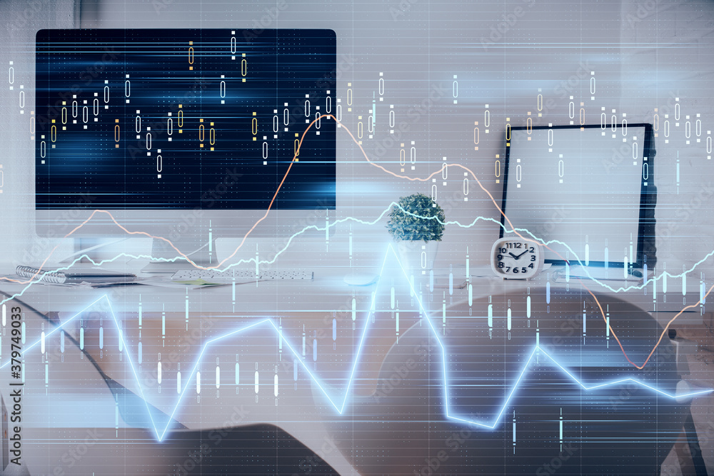 Multi exposure of stock market chart drawing and office interior background. Concept of financial analysis. Multi exposure of stock market chart drawing and office interior background. Concept of financial analysis.