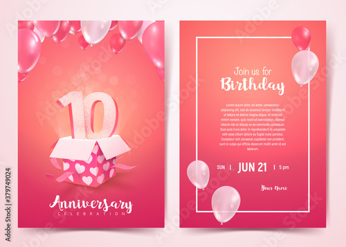 Celebration of 10 th years birthday vector invitation cards . Ten years anniversary celebration front and back side card. Print templates of invitational on pink background