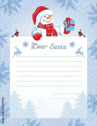 Layout  letter to Santa Claus with wish list and funny Snowman with Christmas gift box and bullfinch