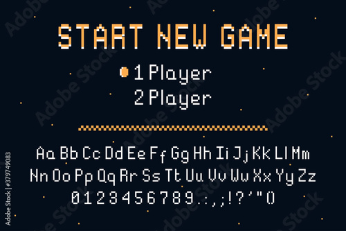 Pixel art font. Retro alphabet for 8bit games or retro-looking project. Vintage pixel typefacedesign with uppercase and lowercase letters and numbers. Vector.