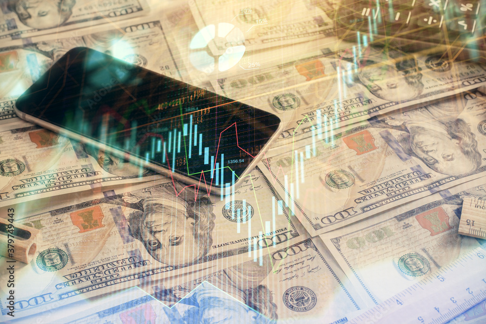 Double exposure of forex graph drawing over us dollars bill background. Concept of financial markets. Double exposure of forex graph drawing over us dollars bill background. Concept of financial markets.