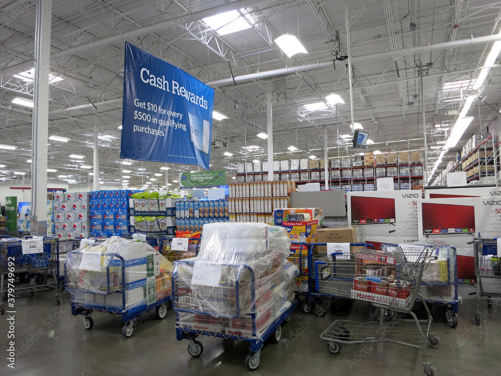 Sam's Club interior with pick up orders ready for pick up and products Stock Photo Adobe Stock