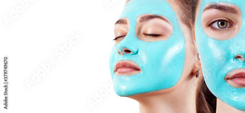 Fototapeta Naklejka Na Ścianę i Meble -  Collage of woman face with blue vitamin facial clay mask.
