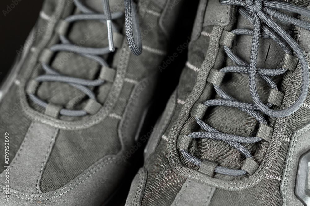 laces of trekking sneakers, close-up view laces of trekking sneakers, close-up view