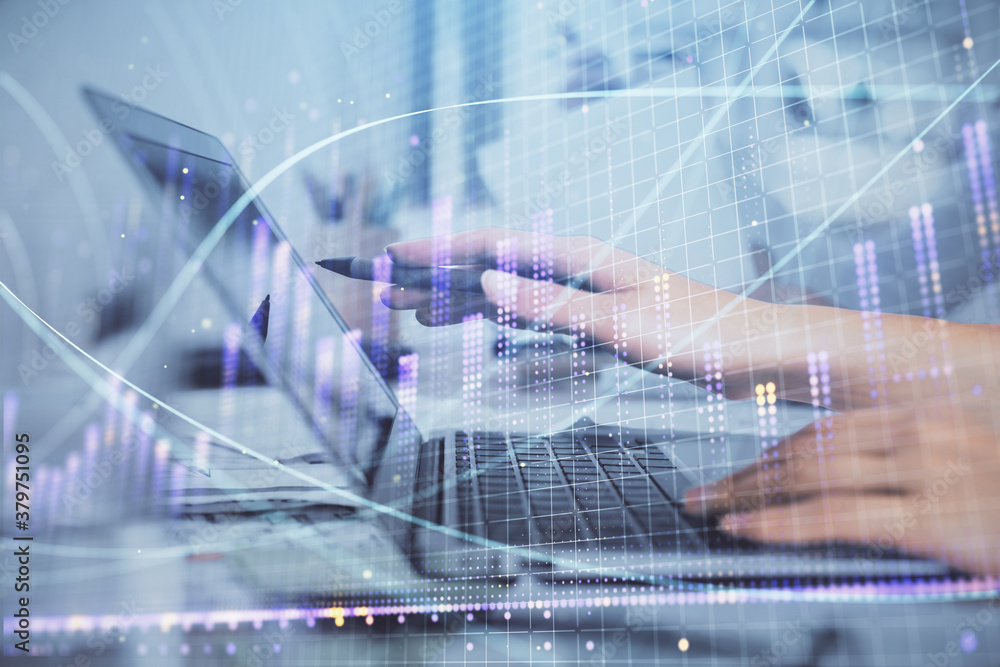 Multi exposure of woman hands typing on computer and financial graph hologram drawing. Stock market analysis concept. Multi exposure of woman hands typing on computer and financial graph hologram drawing. Stock market analysis concept.