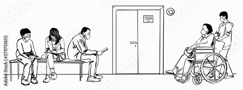 Sketch Patients Sitting Waiting Appointment Time at Hospital Illness People wearing protective masks. Vector illustration black line hand drawn