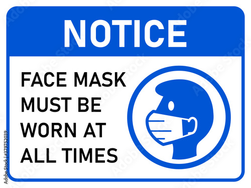Notice Face Mask Must Be Worn at All Times Horizontal Warning Poster Sign against the Spread of Coronavirus with an Aspect Ratio of 4:3. Vector Image.