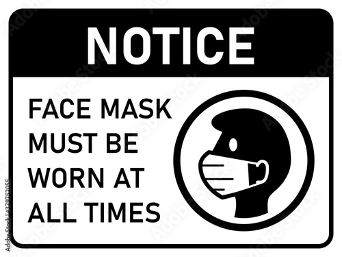 Notice Face Mask Must Be Worn at All Times Horizontal Warning Poster Sign against the Spread of Coronavirus with an Aspect Ratio of 4:3. Vector Image.