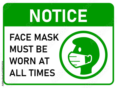 Notice Face Mask Must Be Worn at All Times Horizontal Warning Poster Sign against the Spread of Coronavirus with an Aspect Ratio of 4:3. Vector Image.