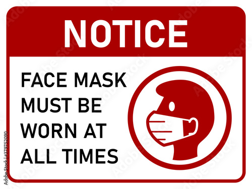 Notice Face Mask Must Be Worn at All Times Horizontal Warning Poster Sign against the Spread of Coronavirus with an Aspect Ratio of 4:3. Vector Image.