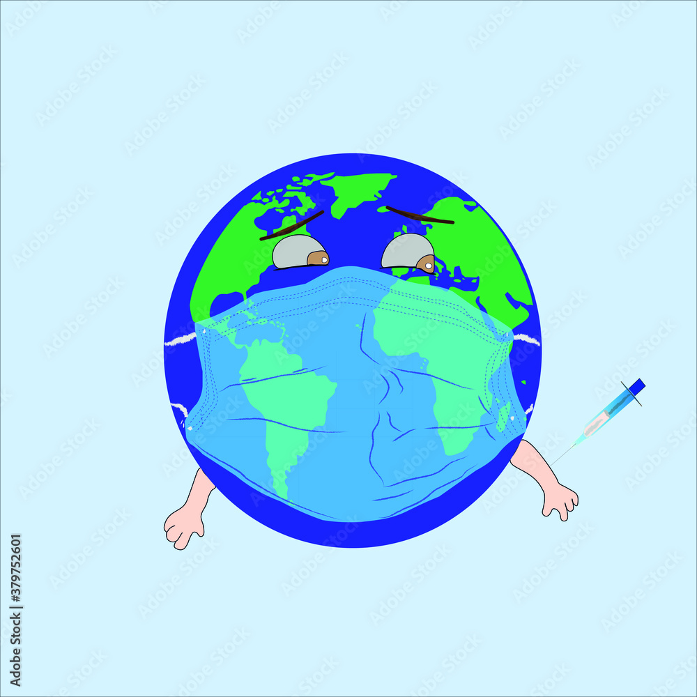 Fototapeta premium vector of the ball of the world with sanitary mask with eyes of fear for the vaccine of the Covid19