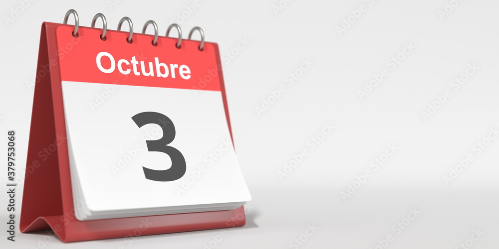 October 3 date written in Spanish on the flip calendar, 3d rendering
