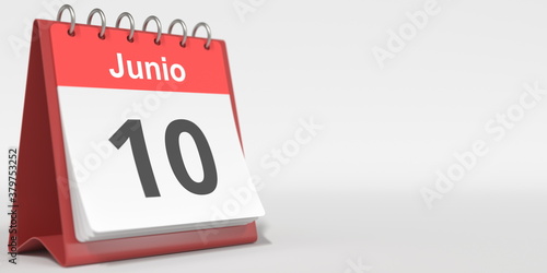June 10 date written in Spanish on the flip calendar, 3d rendering