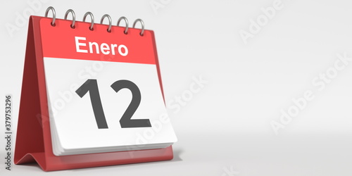 January 12 date written in Spanish on the flip calendar, 3d rendering