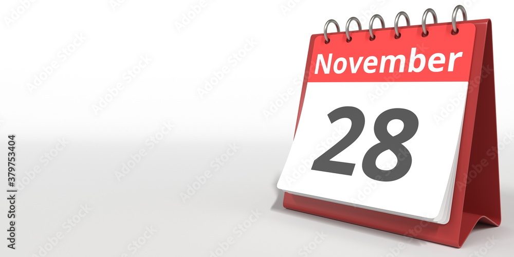 November 28 date on the flip calendar page, 3d rendering November 28 date on the flip calendar page, 3d rendering