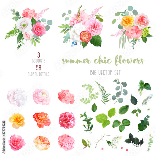 Orange ranunculus, pink and yellow rose, white hydrangea, peony