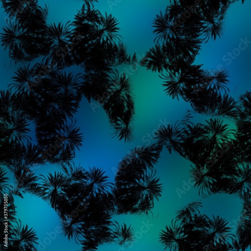 Seamless Miami night tropical pattern black foliage on sunset blur. High quality illustration. Swim, sports, or resort wear repeat print. Dark foreground on blurred background. Dark vibrant colors.
