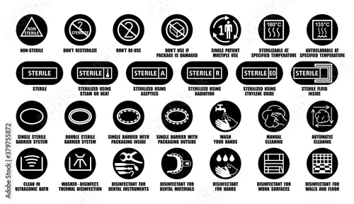 Full vector package collection of disinfectant symbols for medical device, equipment, instruments, materials. Sterile and non-sterile black icons isolated on white