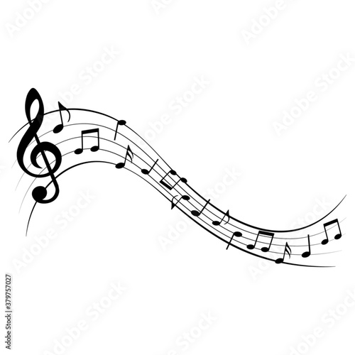 Music notes, musical symbols on wavy stave, vector illustration.