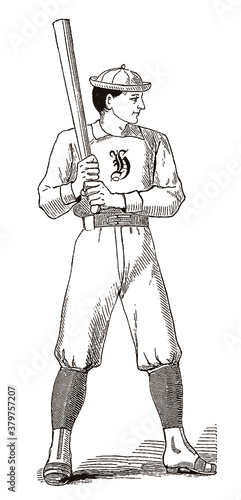 Vintage baseball player awaiting a pitch, after an antique illustration from the 19th century