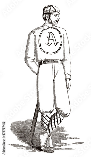 Vintage baseball player with crossed legs leaning on a bat, after an antique illustration from the 19th century